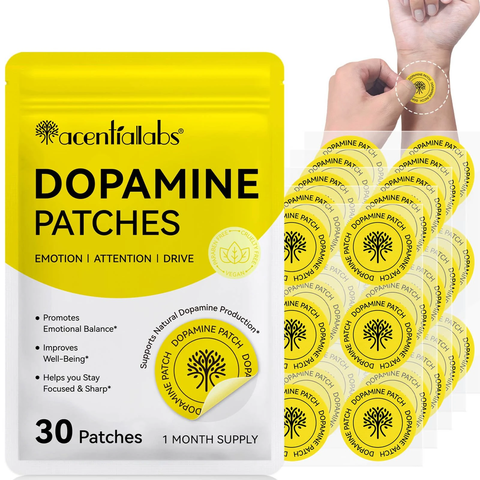 Dopamine Patches, 30 Vegan Skin Kind Dopamine Happy Patches, Transdermal Patch with 5-HTP for Overall Well-Being