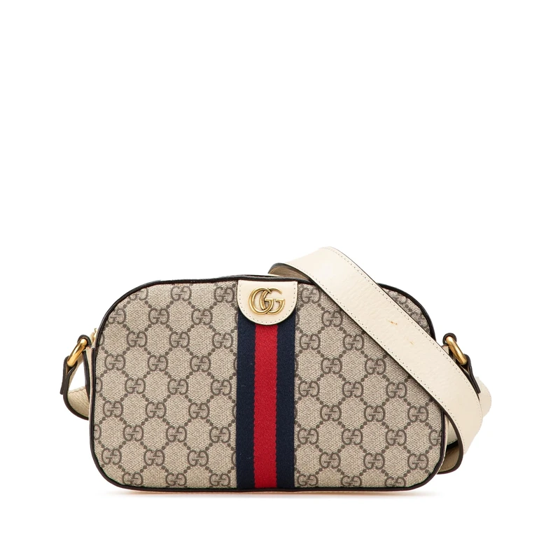 Gucci Pre-Loved Small GG Supreme Textured Calfskin Web Ophidia Camera Bag Crossbody