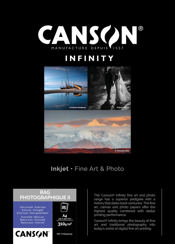 Canson Infinity Rag Photographique, Digital Photo Paper, Ultra Smooth, 310 g, Box, A4-21x29.7 cm, White, 25 Sheets