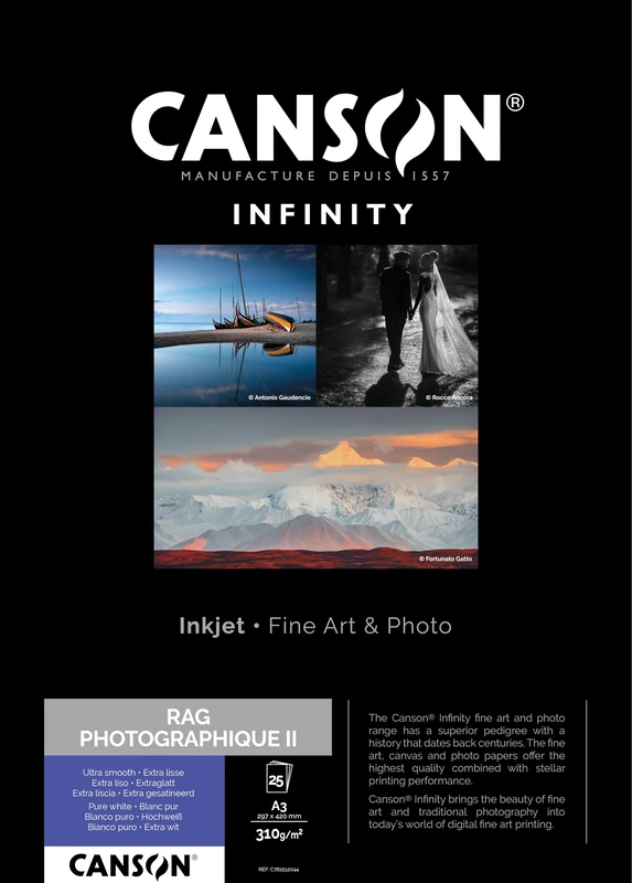 Canson Infinity Rag Photographique, Digital Photo Paper, Ultra Smooth, 310 g, Box, A3-29.7x42 cm, White, 25 Sheets