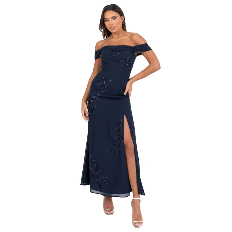 Maya Deluxe Women's Maxi Dress Ladies Off Shoulder Bardot Sleeveless A-line Split Slit Embroidered Bead Embellished Evening Prom, Navy Blue, 18