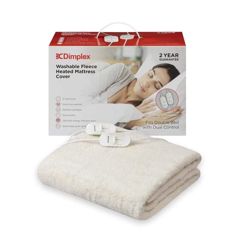 Dimplex DXMCDBD Heated Under Blanket - Double, Machine Washable Electric Blanket with Extra Foot Warmth, Cosy 100% Polyester Finish, Energy Efficient Low Cost Warmth - (White)