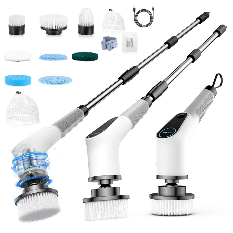Vikeri Electric Spin Scrubber, Cordless Electric Cleaning Brush with Adjustable Extension Arm, 8 Cleaning Brush Heads, Power Scrubber for Bathroom, Kitchen,Tiles, Floors, and Bathtubs, White