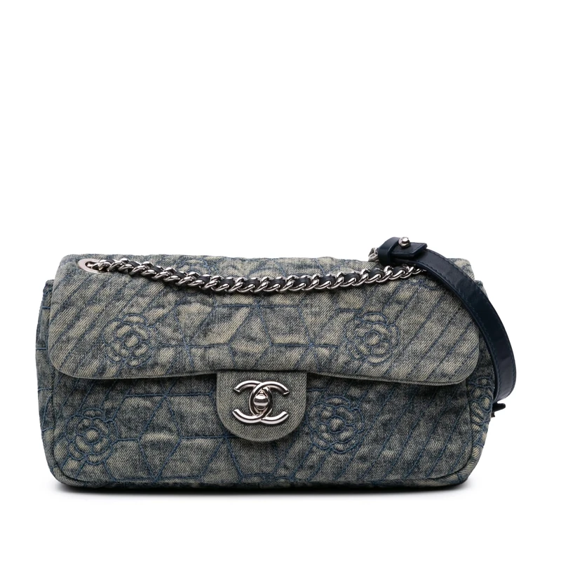 Chanel Pre-Loved Medium Embroidered Denim Camellia Flap Shoulder Bag