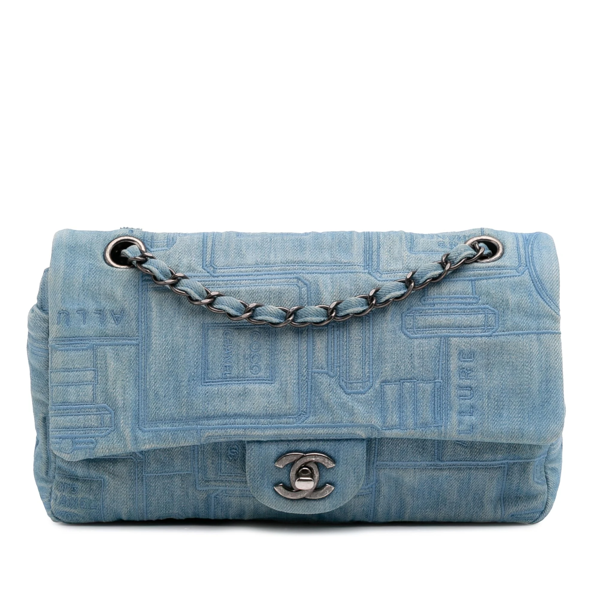 Chanel Pre-Loved Medium Embroidered Denim Perfume Bottle Single Flap