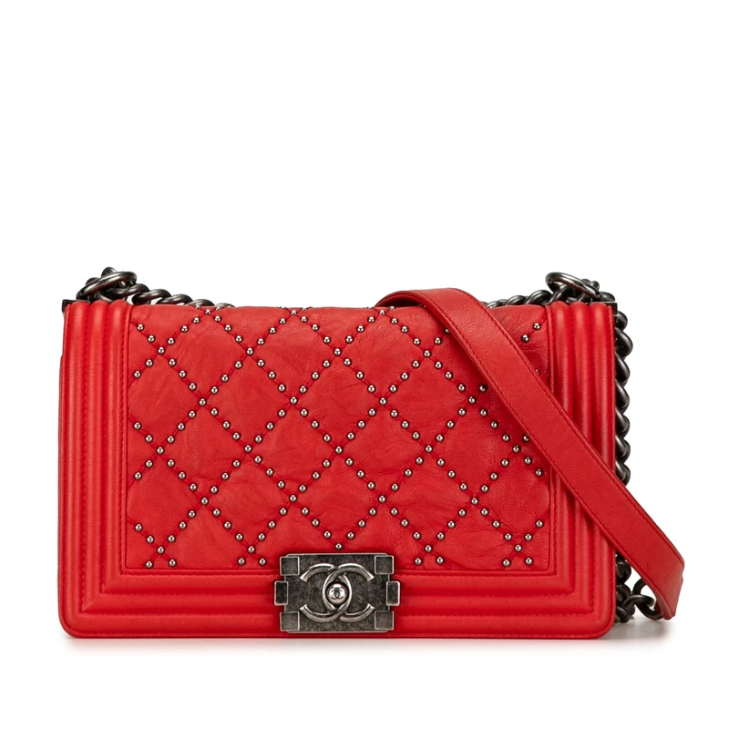 Chanel Pre-Loved Old Medium Quilted Crumpled Calfskin Studded Boy Flap Crossbody Bag