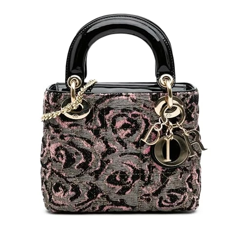 Dior Mini Tweed Rose Handbag - Black Patent Leather, Excellent