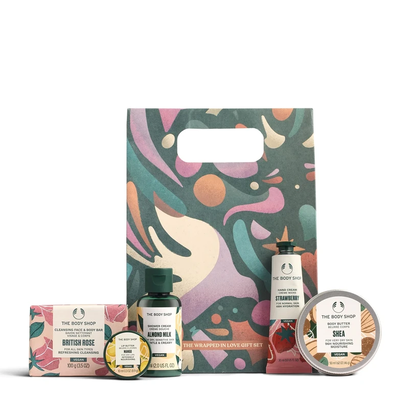 The Body Shop Wrapped in Love Gift Set (Shower Cream 60ml + Body Butter 50ml + Soap 100g + Lip Butter 10ml + Hand Cream 30ml), Festive Mini Collection with Community Fair Trade Ingredients, Vegan