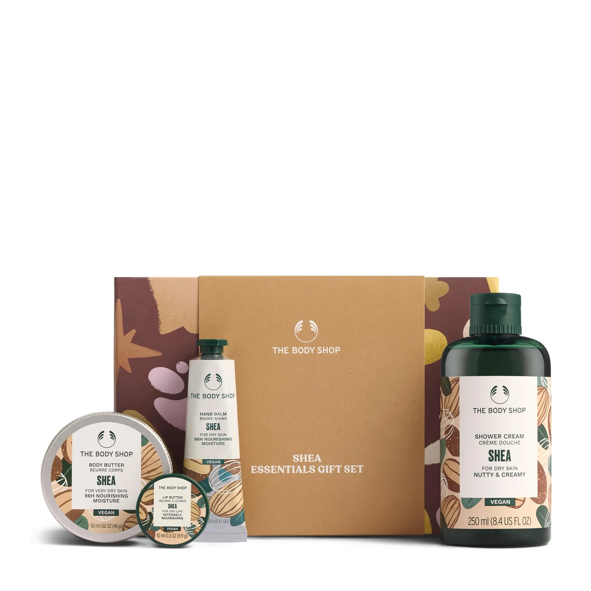 The Body Shop Shea Essentials Gift Set (Shower Cream 250ml + Body Butter 50ml + Lip Butter 10ml + Hand Balm 30ml), Nourishing Shea Butter Collection for Head-to-Toe Care, Vegan