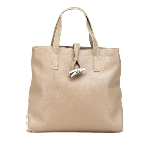 BURBERRY Pre-Loved House Check Trimmed Grainy Calfskin Horn Toggle Tote Bag