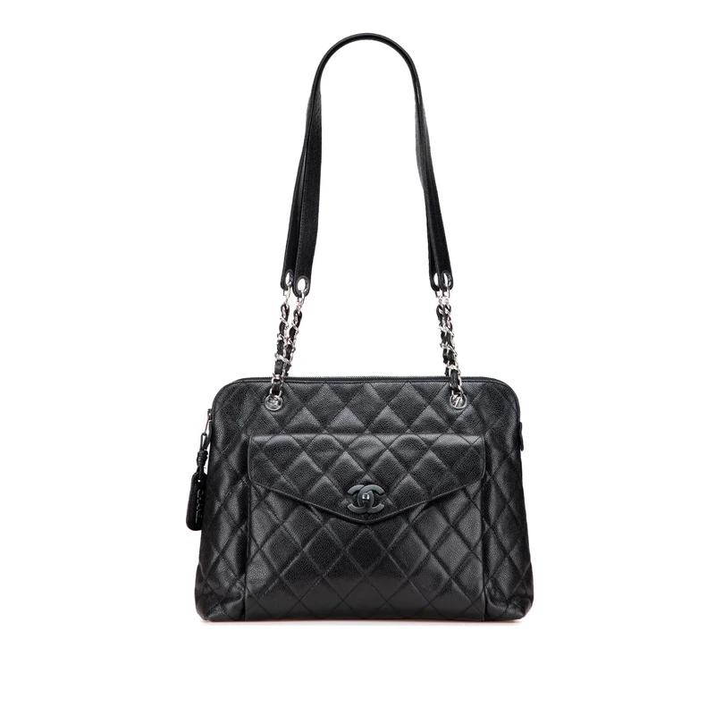 Chanel Pre-Loved CC Quilted Caviar Front Pocket Shoulder Bag