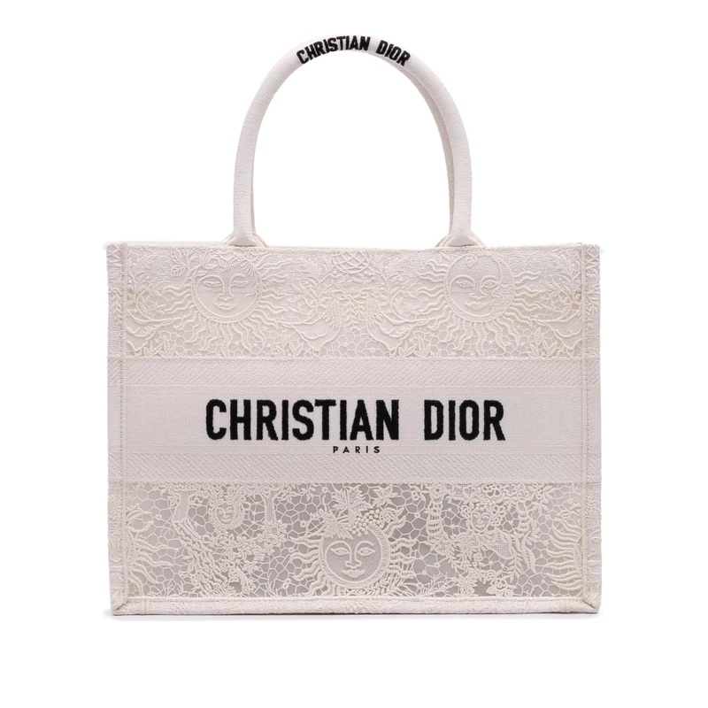 Dior Pre-Loved Medium Canvas D Lace Sun Embroidery Book Tote