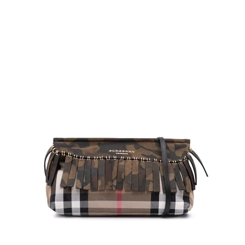 BURBERRY Pre-Loved House Check Canvas And Suede Camouflage Fringe Clutch With Strap Crossbody Bag