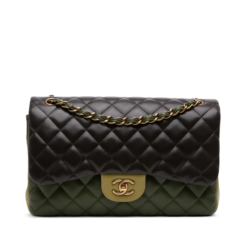 Chanel Jumbo Classic Tricolor Lambskin Double Flap Bag - Green