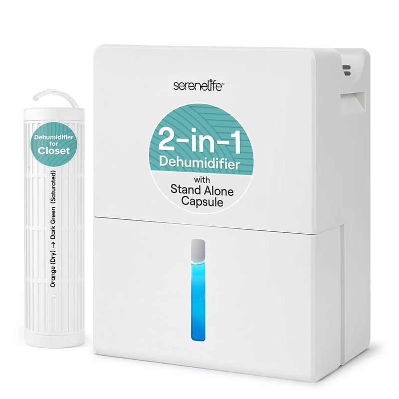 SereneLife Dehumidifier for Home – 2700ml Quiet Electric Dehumidifiers with Removable Cylinder for Closet, Dry Air Fast for Large Rooms, Small Spaces, Anti-Mould, Compact & Energy Efficient, White
