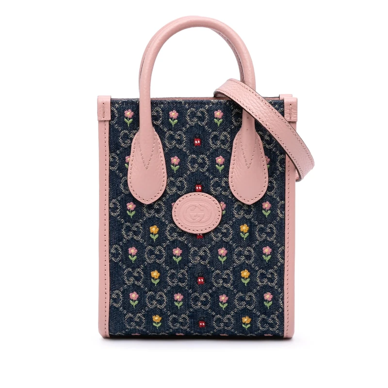 Gucci Pre-Loved Mini GG Denim Interlocking G Flowers Tote Handbag