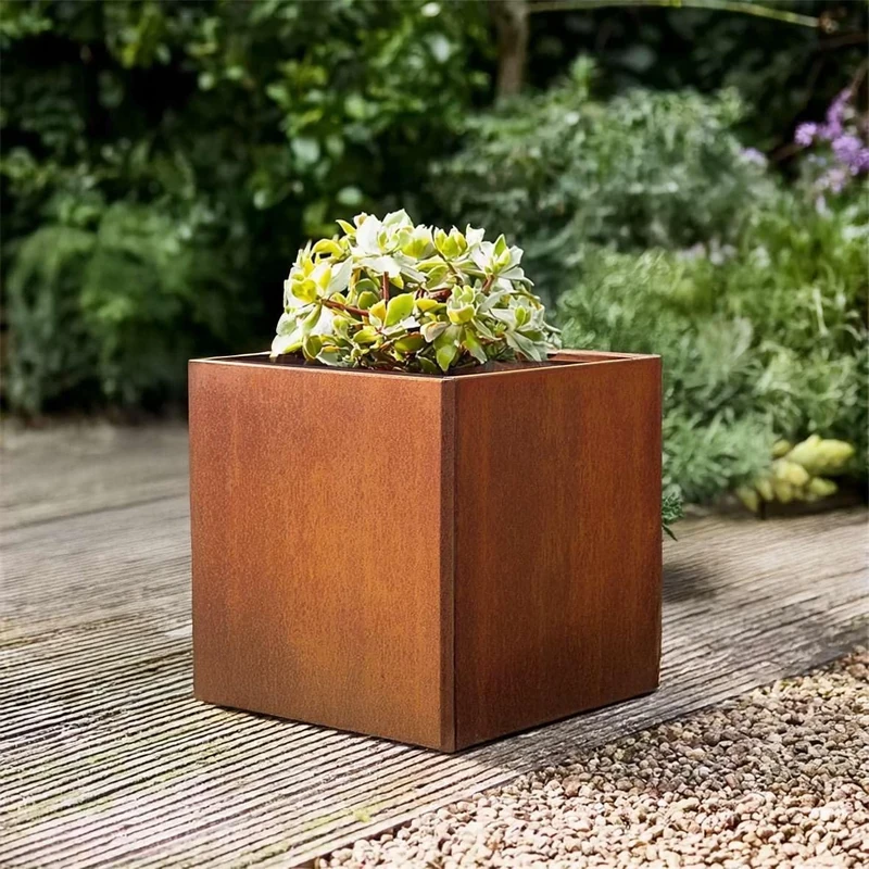 Nicoman Corten Steel Cube Planter, Indoor & Outdoor, 50x50x50 cm, Rust, Weathering Steel, Pre-Rusted Finish, Square, Freestanding Garden Planter