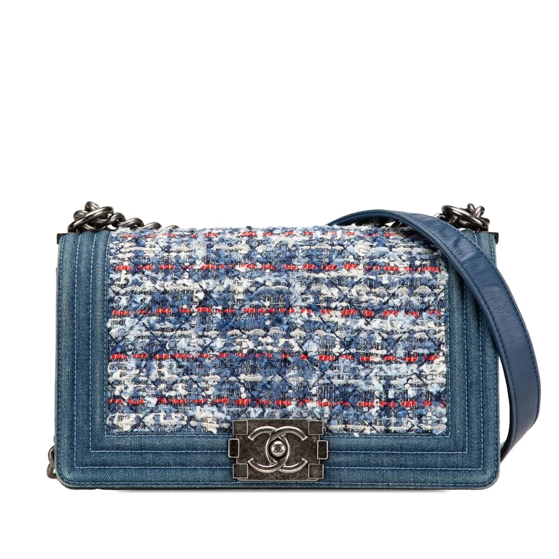 Chanel Pre-Loved Medium Denim And Tweed Boy Bag Crossbody
