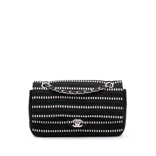 Chanel Pre-Loved Medium Classic Tweed Striped Ribbon Double Flap Shoulder Bag