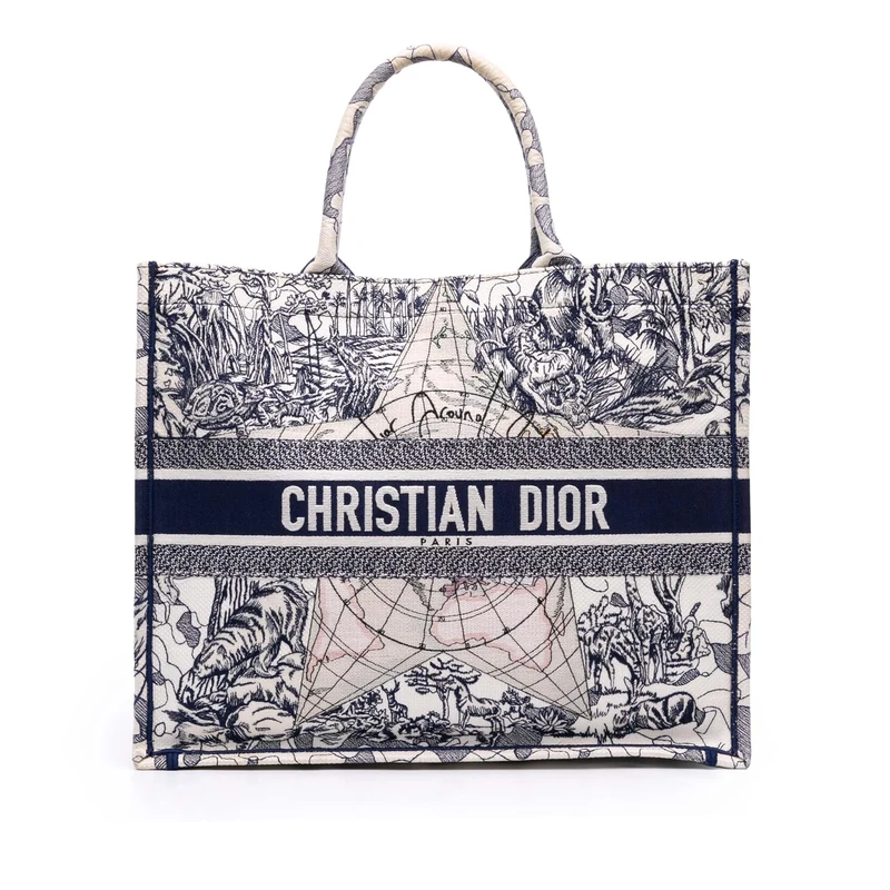 Dior Pre-Loved Large Canvas Embroidered Around The World Book Tote
