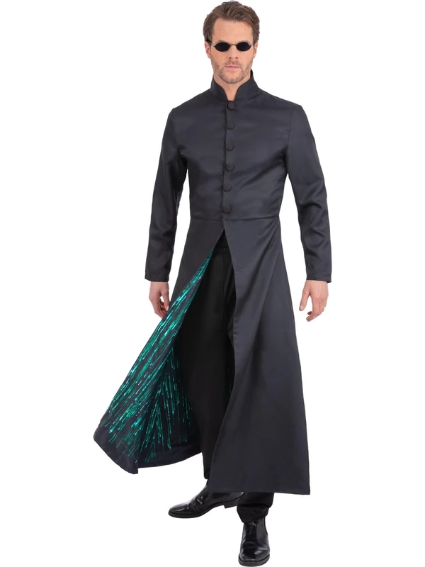 The Matrix Neo Costume Jacket for Men, Official Licensed Black Long Trench Coat with Digital Print Lining, Sci-Fi Cosplay Outfit for Halloween and Movie Fancy Dress