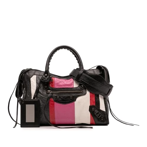 Balenciaga Pre-Loved Small Lambskin Motocross Striped Classic City Satchel