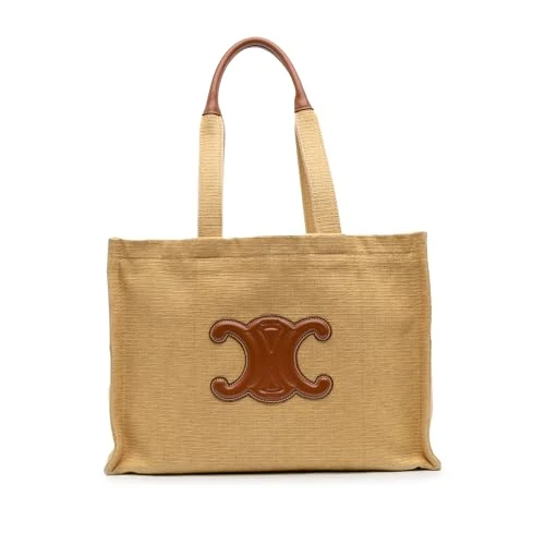 Celine Pre-Loved Large Raffia Cuir Triomphe Cabas Thais Tote Bag