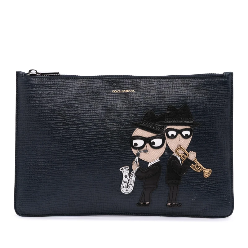 Dolce & Gabbana Pre-Loved Leather DG Family Patch Zip Pouch Clutch Bag