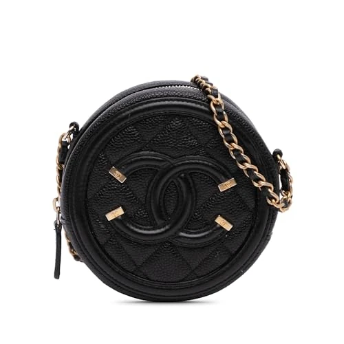 Chanel Pre-Loved Caviar CC Filigree Round Clutch With Chain Crossbody Bag