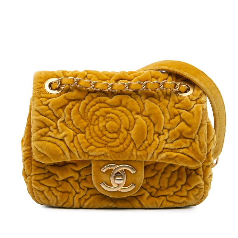 Pre-Loved Mini Square Velvet Camellia Embossed Flap Crossbody Bag