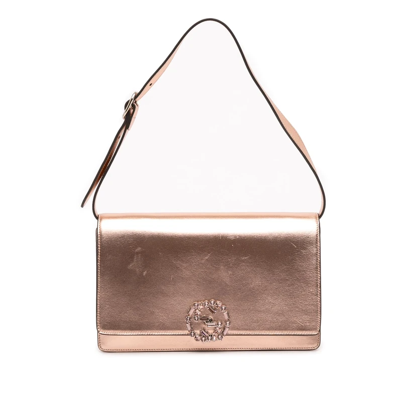 Pre-Loved Metallic Leather Crystal Embellished Broadway Clutch On Strap Shoulder Bag