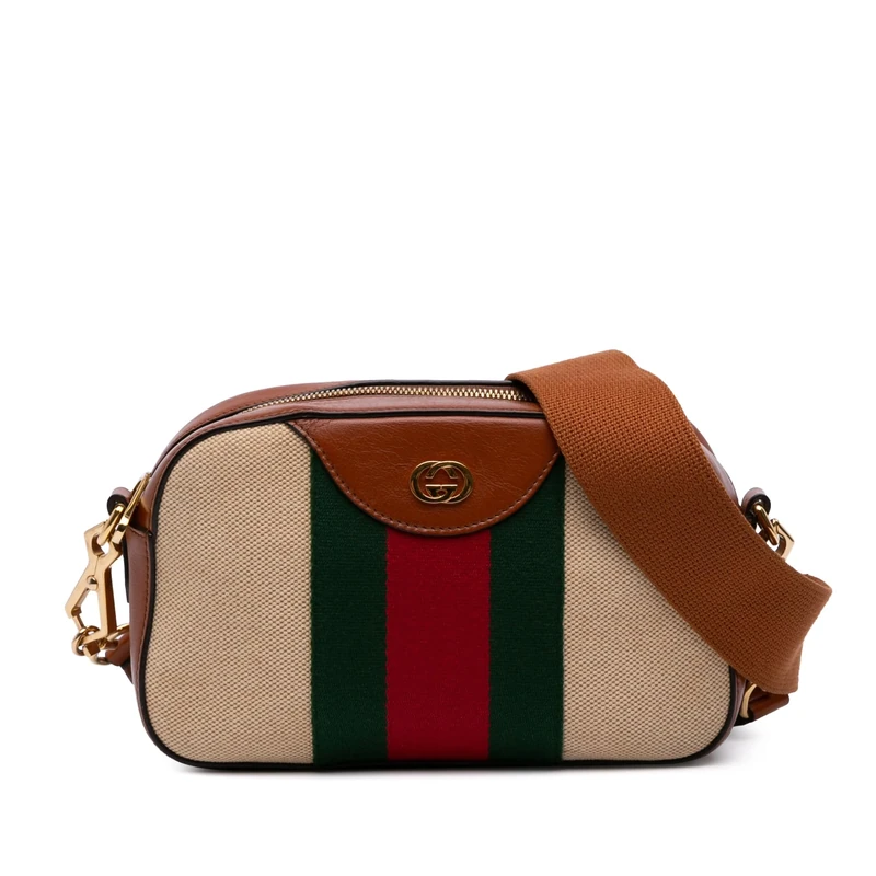 Gucci Pre-Loved Canvas Web Camera Bag - Brown Calfskin