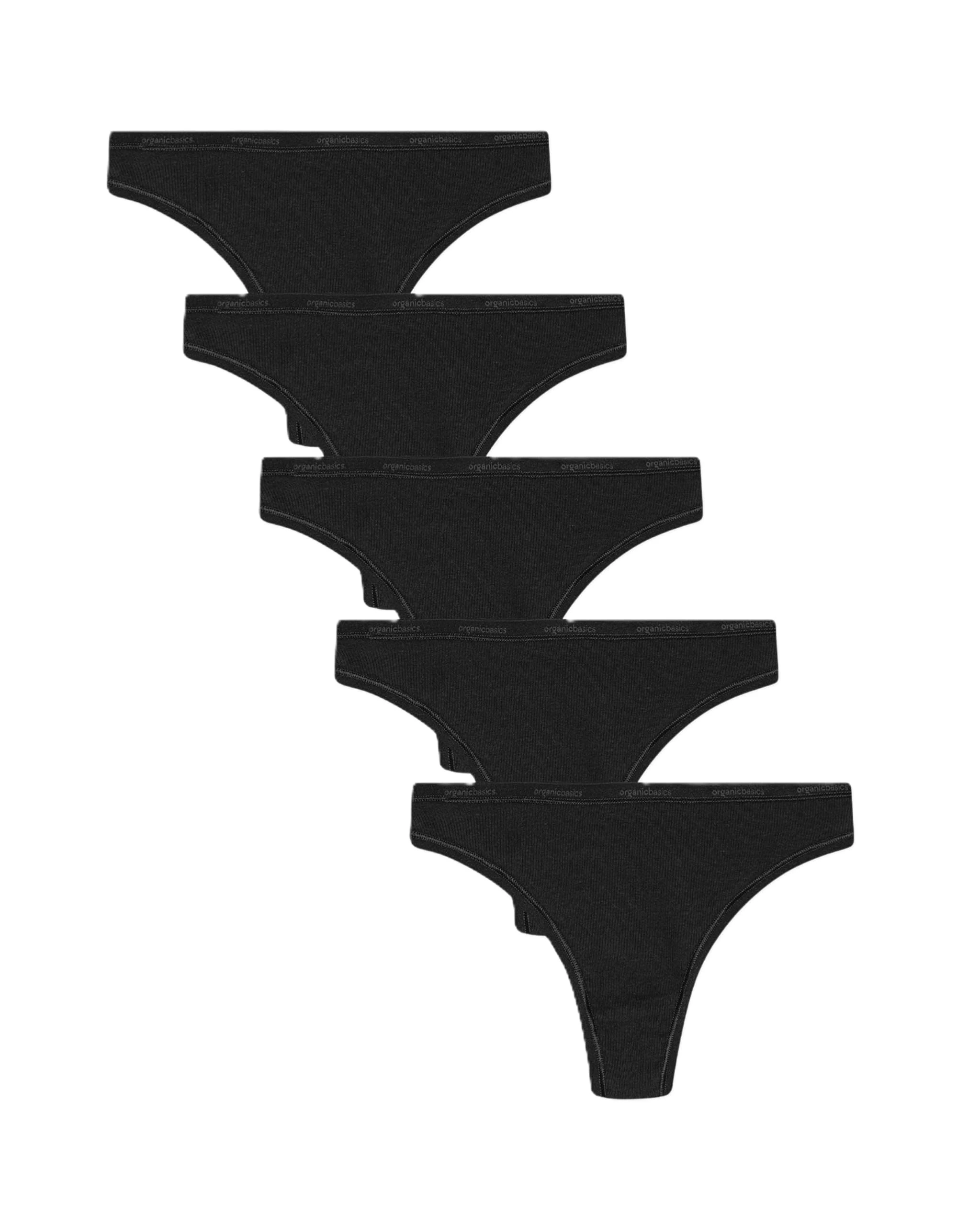 Organic Basics Women's Core Rib Organic Cotton Thong Underwear 5-Pack Panties, Black, S