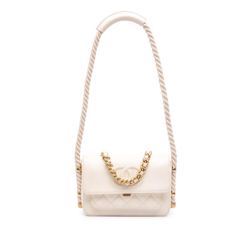 Chanel Pre-Loved Crumpled Calfskin Rope Flap Bag - White