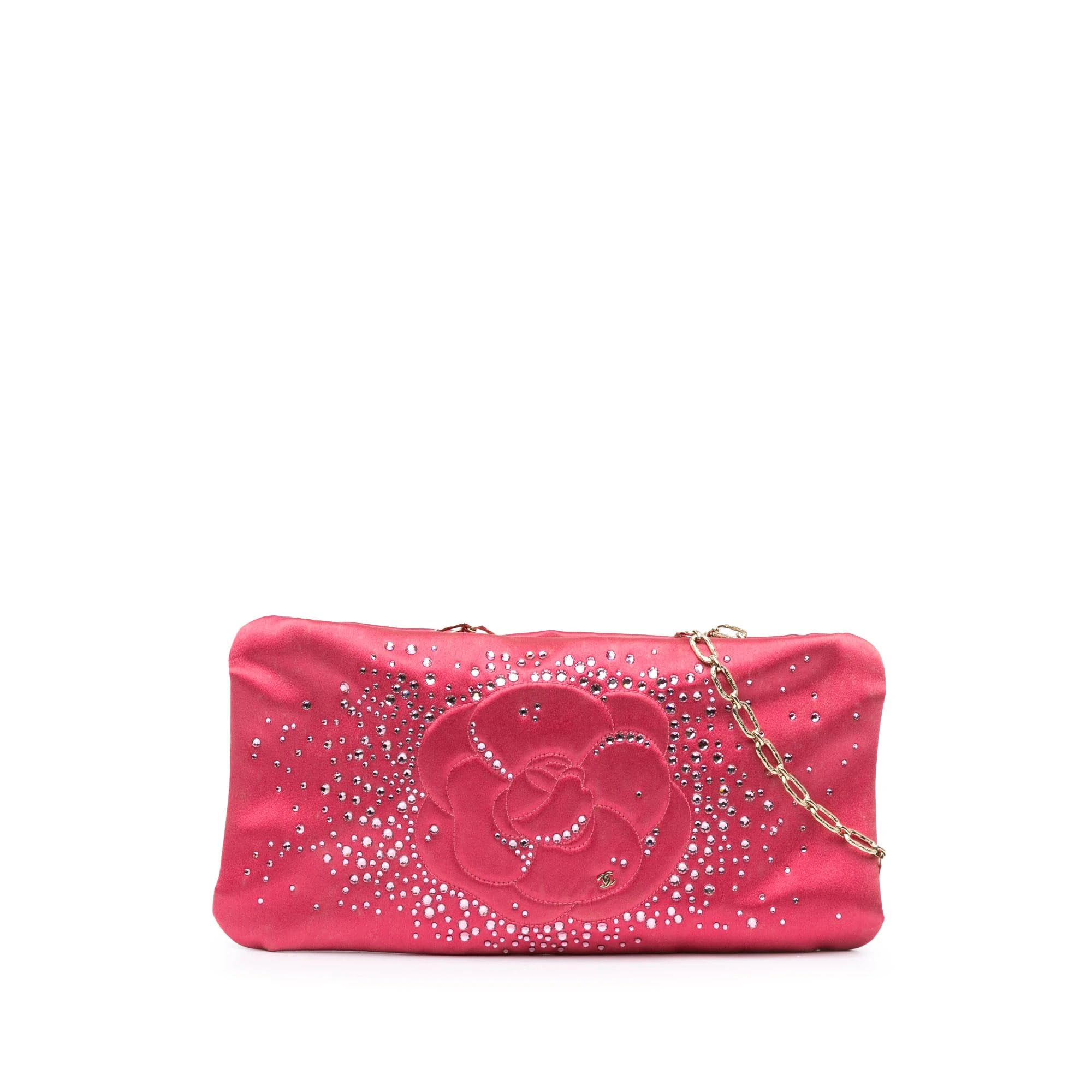 Chanel Pre-Loved Satin Diamante Camellia Clutch With Chain Shoulder Bag