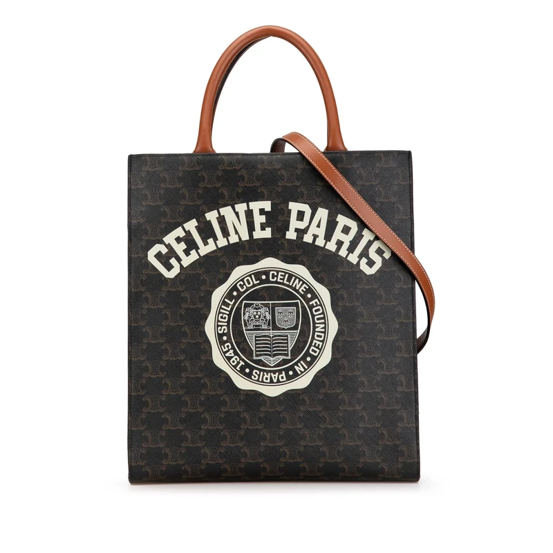 Celine Pre-Loved Small Paris Print Triomphe Coated Canvas Vertical Cabas Tote Handbag