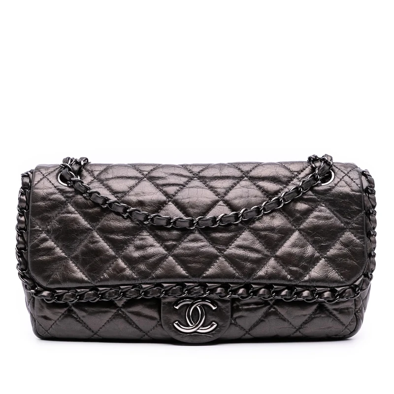 Pre-Loved Medium Quilted Metallic Aged Calfskin Chain Me Flap Shoulder Bag