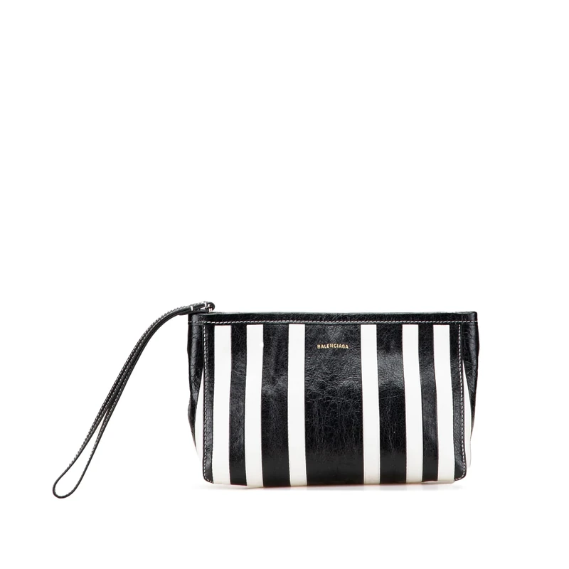 Balenciaga Pre-Loved Small Lambskin Barbes Striped Patwork Zip Pouch