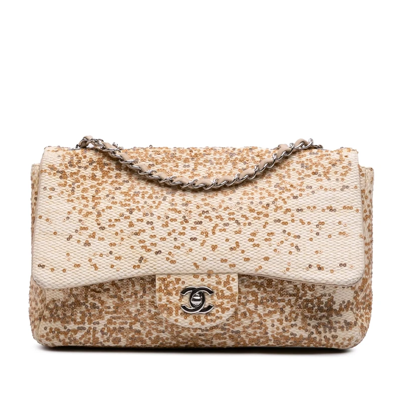 Chanel Jumbo Raffia Sequin Single Flap Shoulder Bag - Beige - Image 1