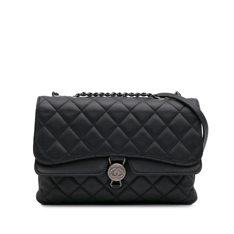 Chanel Pre-Loved Small Quilted Grained Calfskin CC Round Clasp Accordion Flap Shoulder Bag