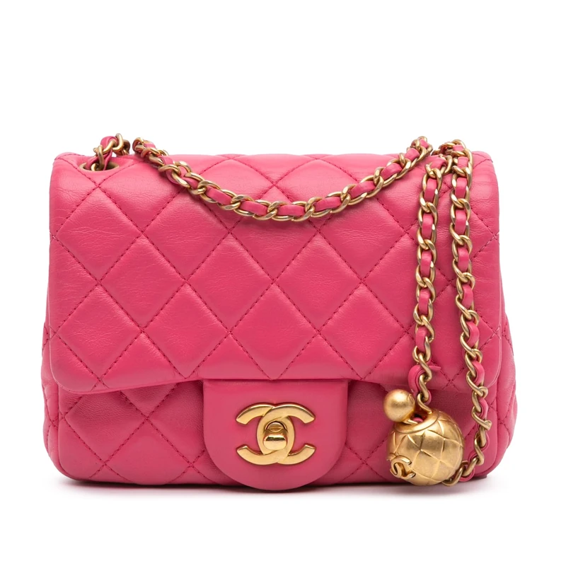 Pre-Loved Mini Square Classic Lambskin Pearl Crush Single Flap Crossbody Bag