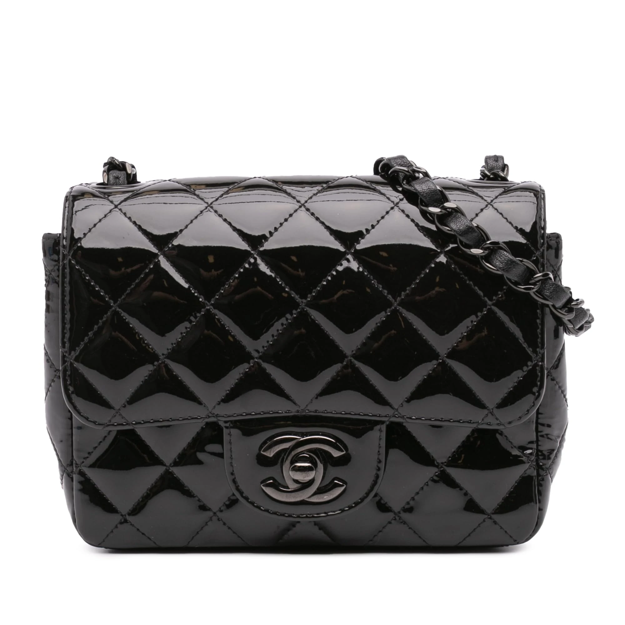 Chanel Pre-Loved Mini Square Classic Patent So Black Single Flap