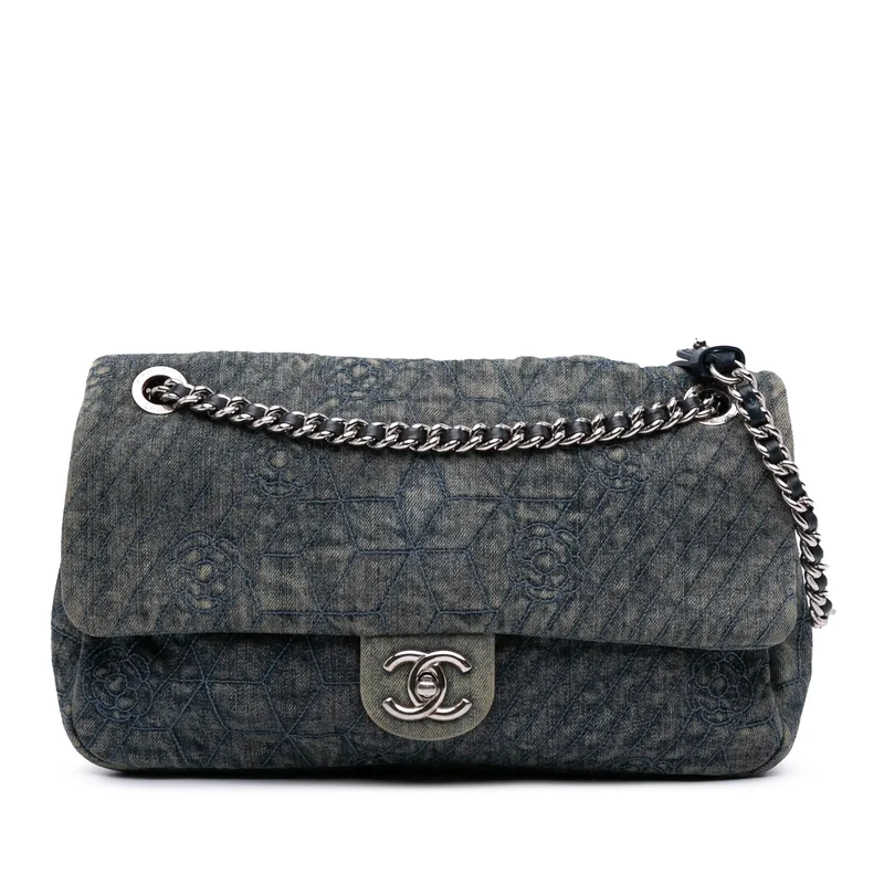 Chanel Pre-Loved Large Embroidered Denim Camellia Flap Crossbody Bag