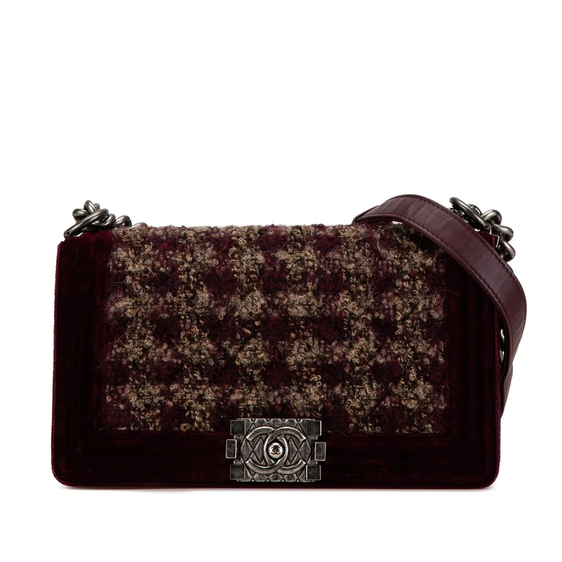Pre-Loved Old Medium Velvet And Tweed Boy Flap Shoulder Bag