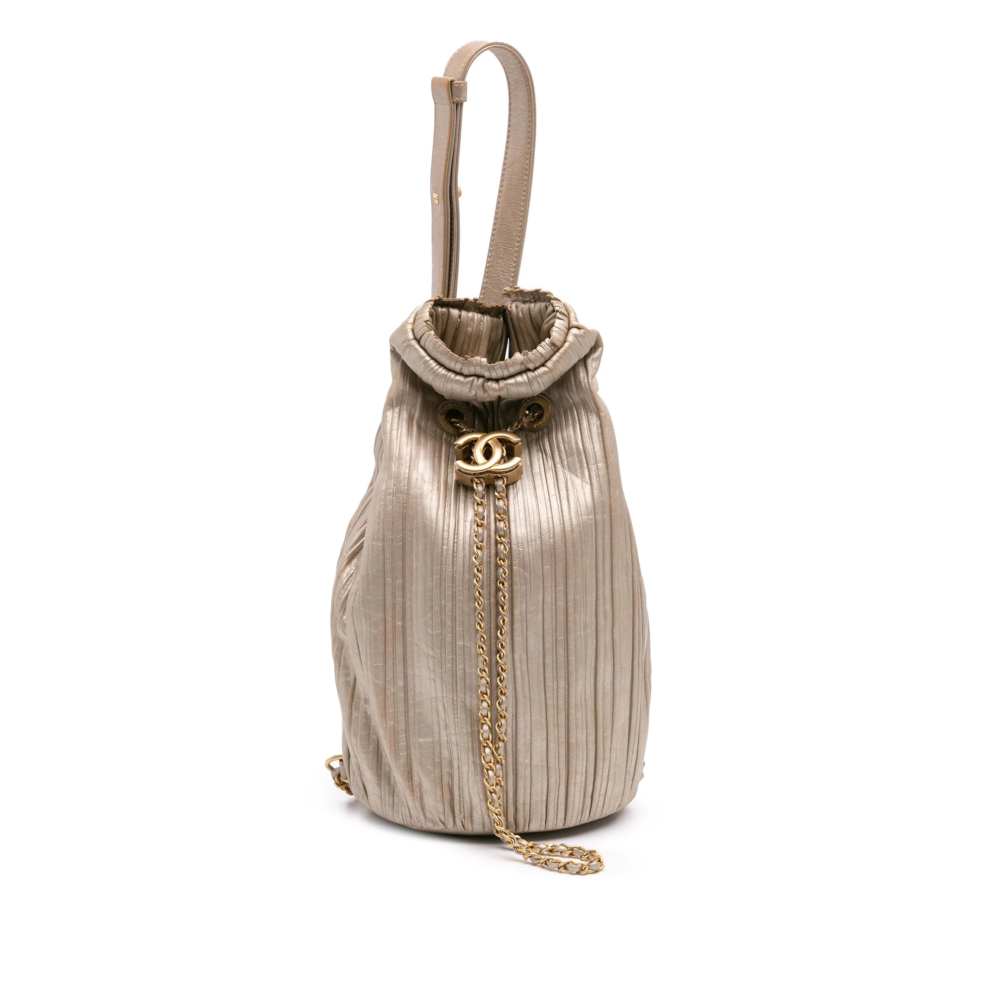 Chanel Pre-Loved Small Metallic Calfskin Coco Pleats Drawstring Backpack