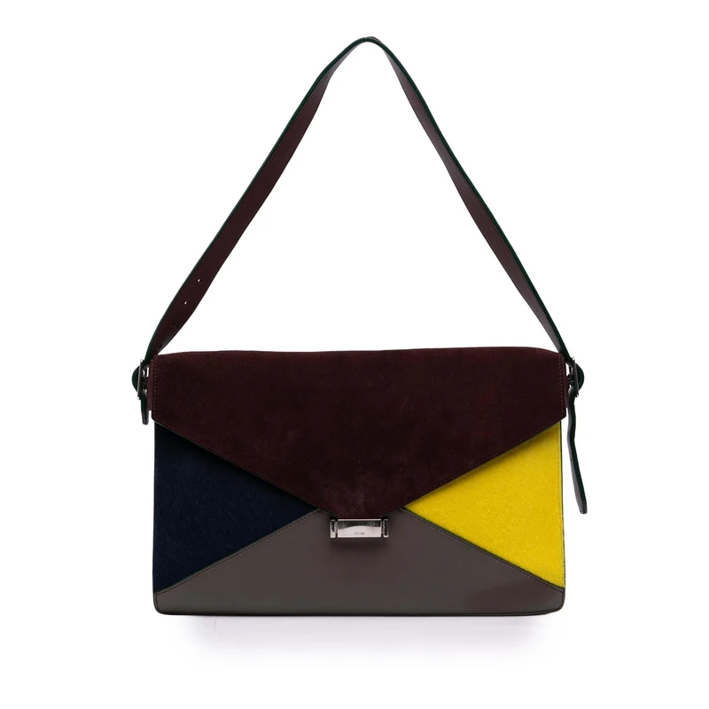 Celine Pre-Loved Suede Calfskin And Pony Hair Diamond Clutch Shoulder Bag