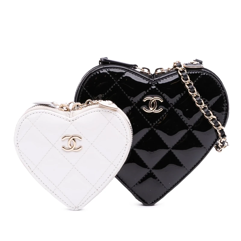 Pre-Loved Quilted Patent Calfskin CC Heart Clutch With Chain