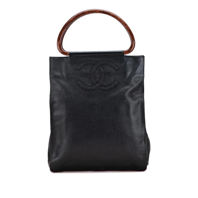 Chanel Pre-Loved CC Caviar Wood Top Handle Tote Bag
