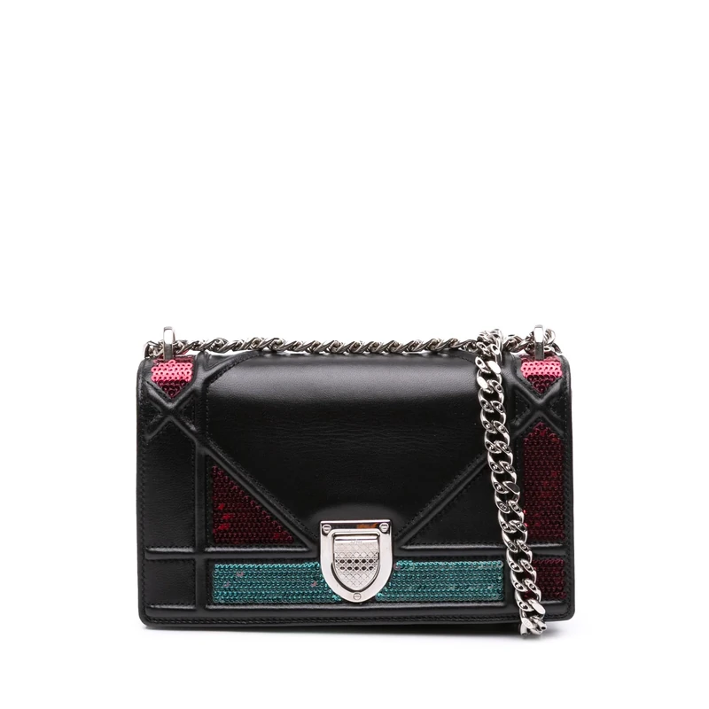 Pre-Loved Mini Lambskin Sequin Diorama Flap Crossbody Bag