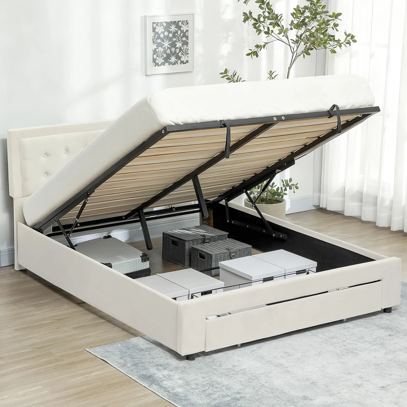HOMCOM Upholstered Ottoman Bed with Storage Drawer and Adjustable Headboard, 4ft6 Double Size Bed Frame with Gas Lift End Opening, Wooden Slats, No Mattress, Cream White